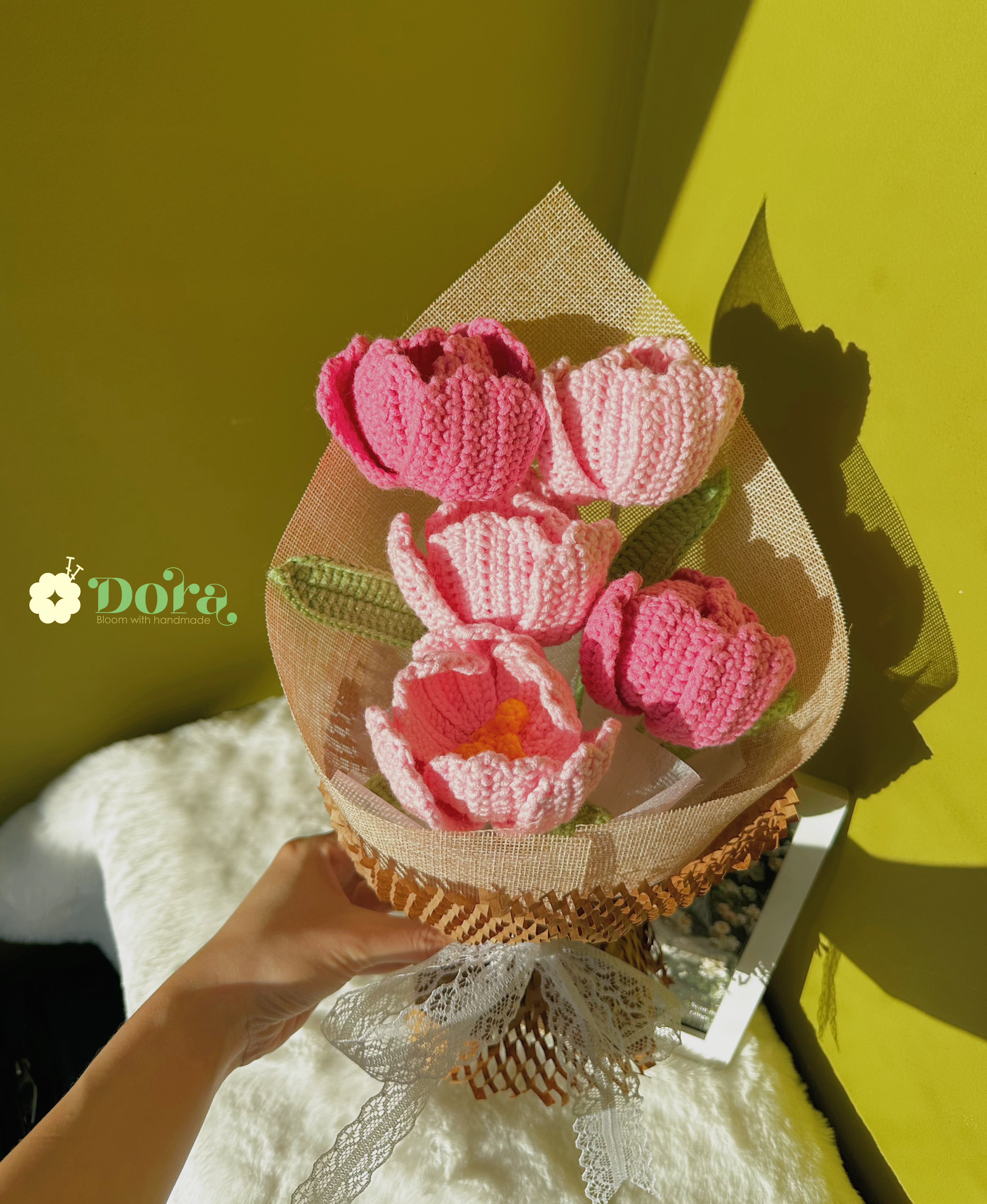 Handmade Crochet Flower Bouquet, Pink Tullips Bouquet for Anniversary, Birthday, Mother's Day Gift, Gift for her, Home decor