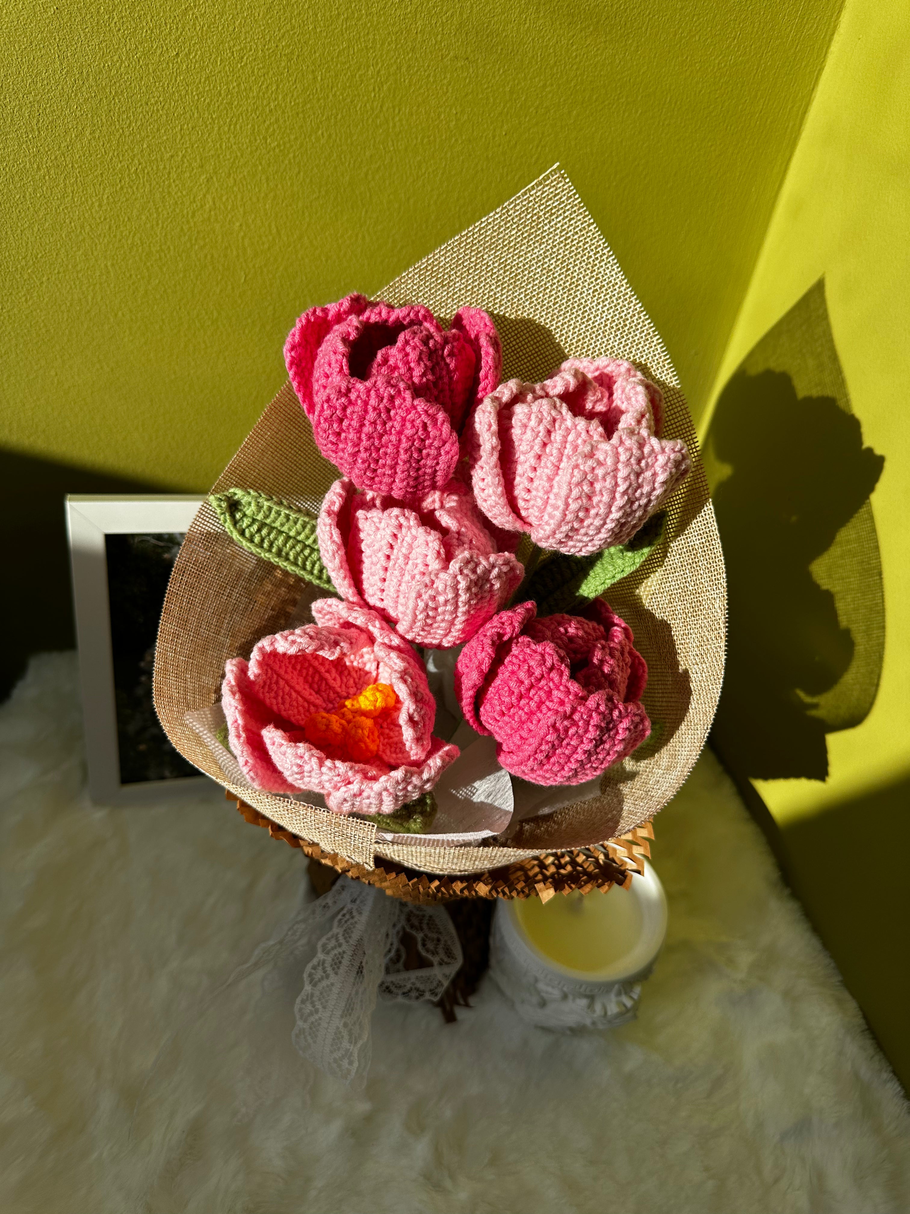 Handmade Crochet Flower Bouquet, Pink Tullips Bouquet for Anniversary, Birthday, Mother's Day Gift, Gift for her, Home decor