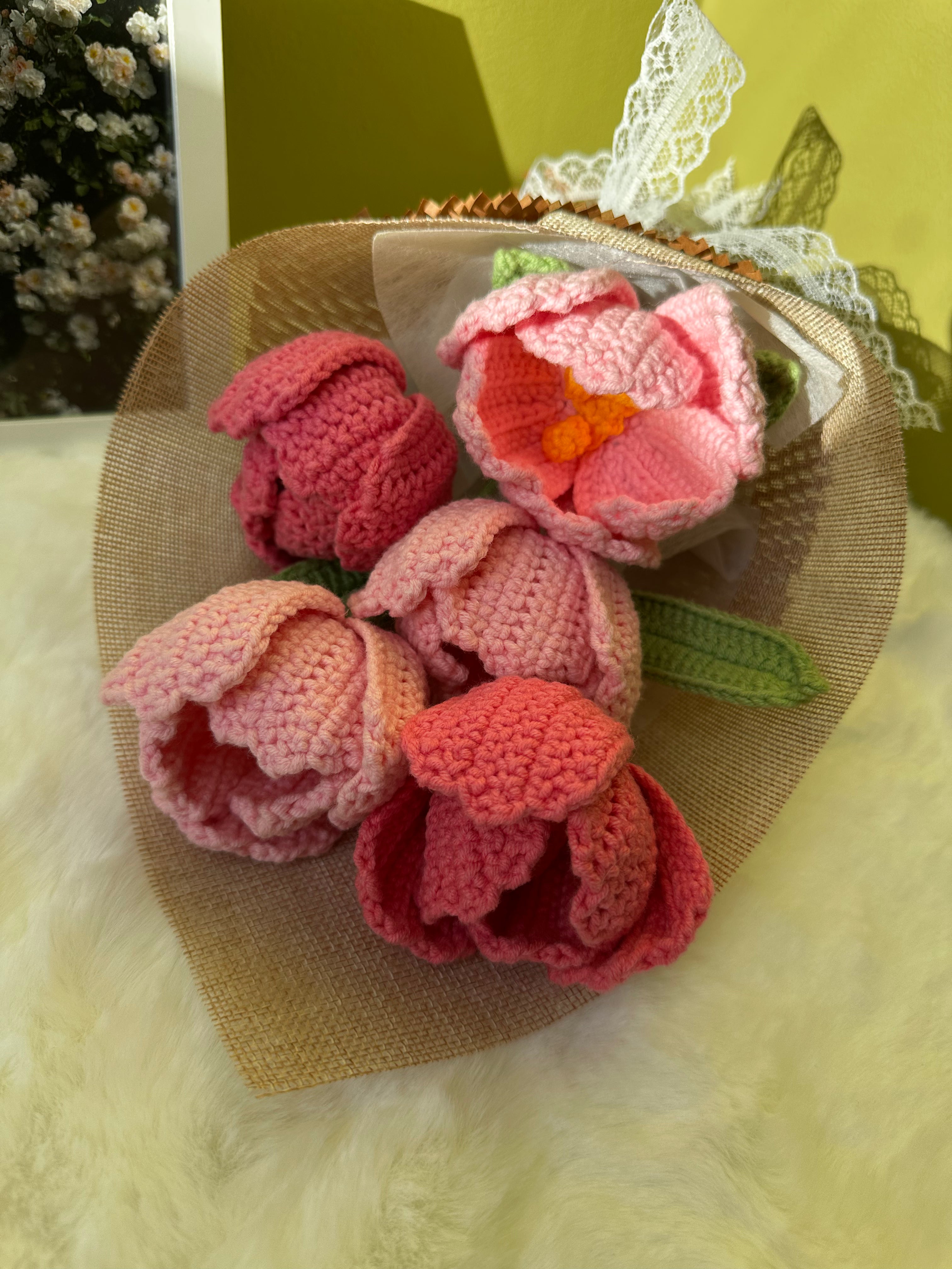 Handmade Crochet Flower Bouquet, Pink Tullips Bouquet for Anniversary, Birthday, Mother's Day Gift, Gift for her, Home decor