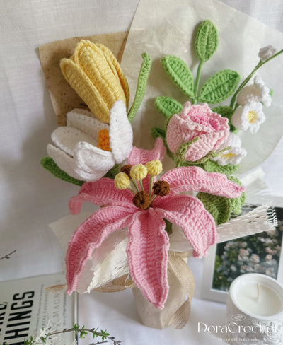 Handmade Crochet Flower Bouquet, Lily Flower Bouquet for Anniversary, Birthday, Mother's Day Gift, Gift for her, Home decor, Forever Flowers Arrangement