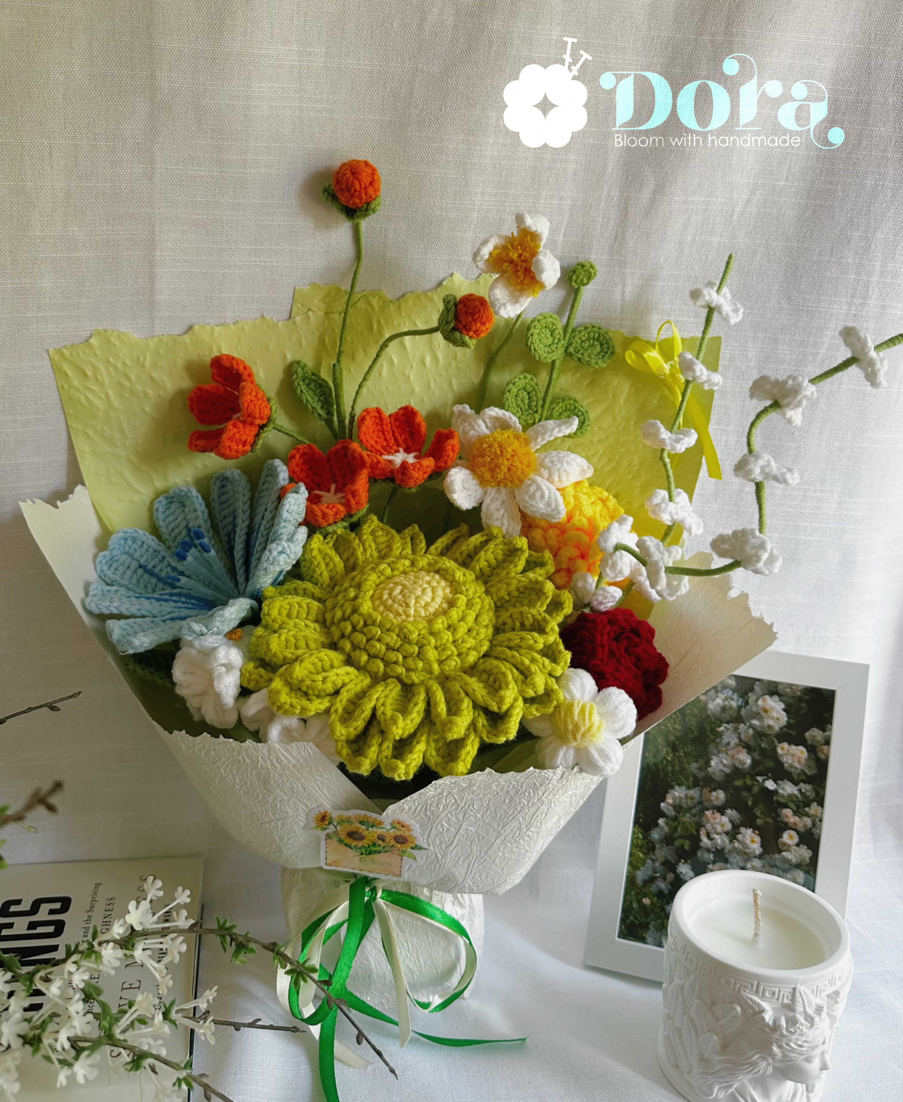 Crochet Flower Bouquet: Handmade Wildflowers, sunflower, Daisies, Green Tones , cottage garden style. Joyful gift for birthday, housewarming