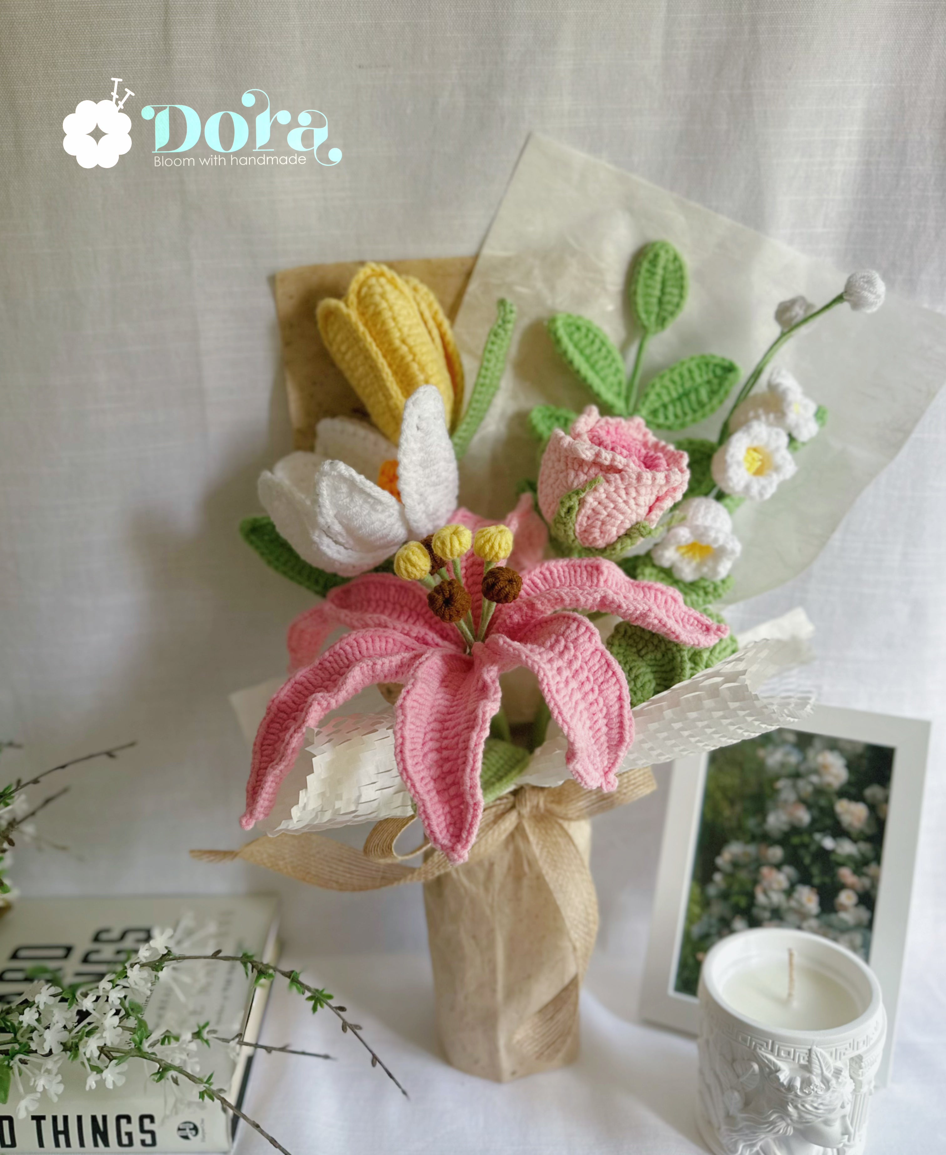 Handmade Crochet Flower Bouquet, Lily Flower Bouquet for Anniversary, Birthday, Mother's Day Gift, Gift for her, Home decor, Forever Flowers Arrangement
