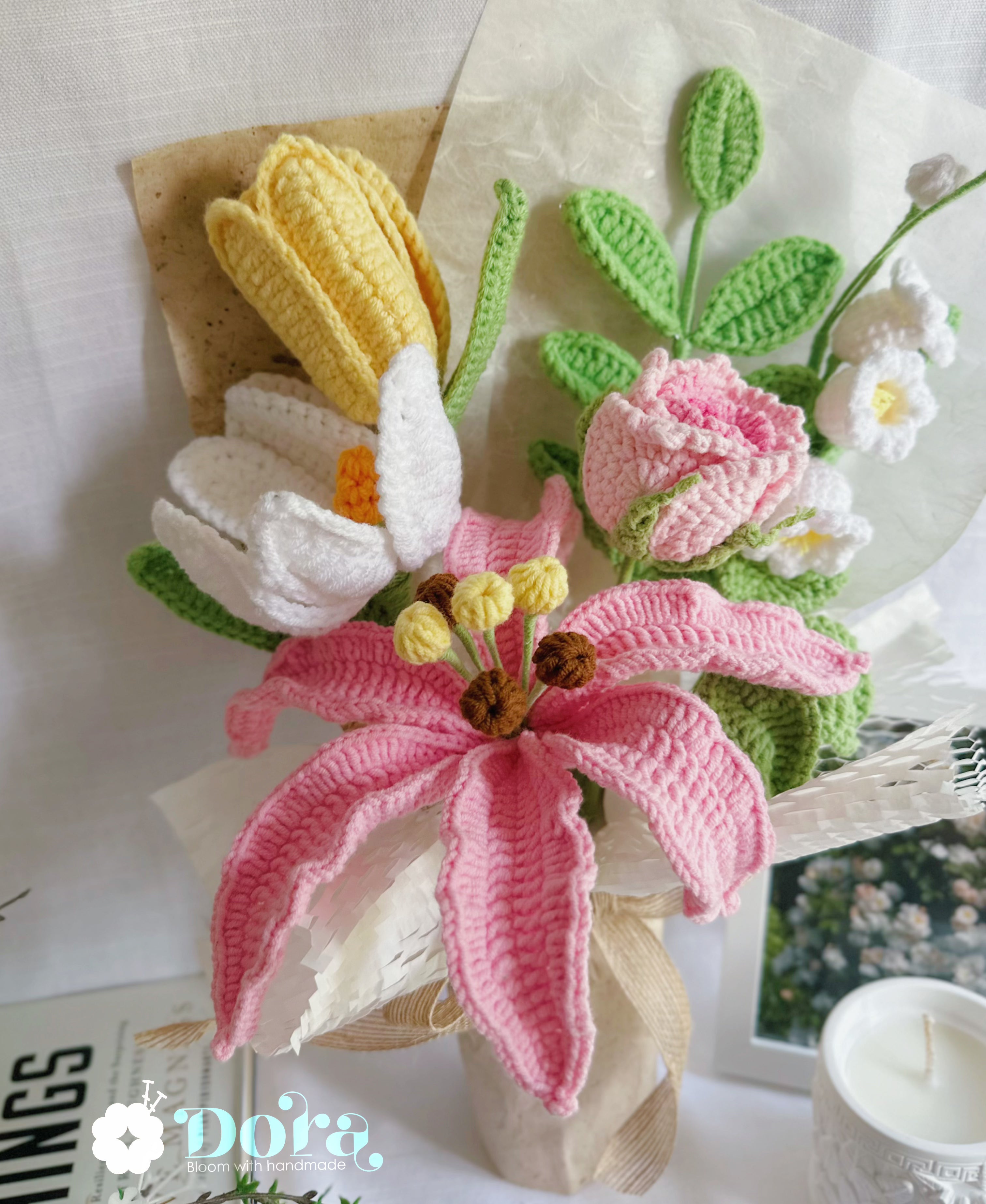 Handmade Crochet Flower Bouquet, Lily Flower Bouquet for Anniversary, Birthday, Mother's Day Gift, Gift for her, Home decor, Forever Flowers Arrangement