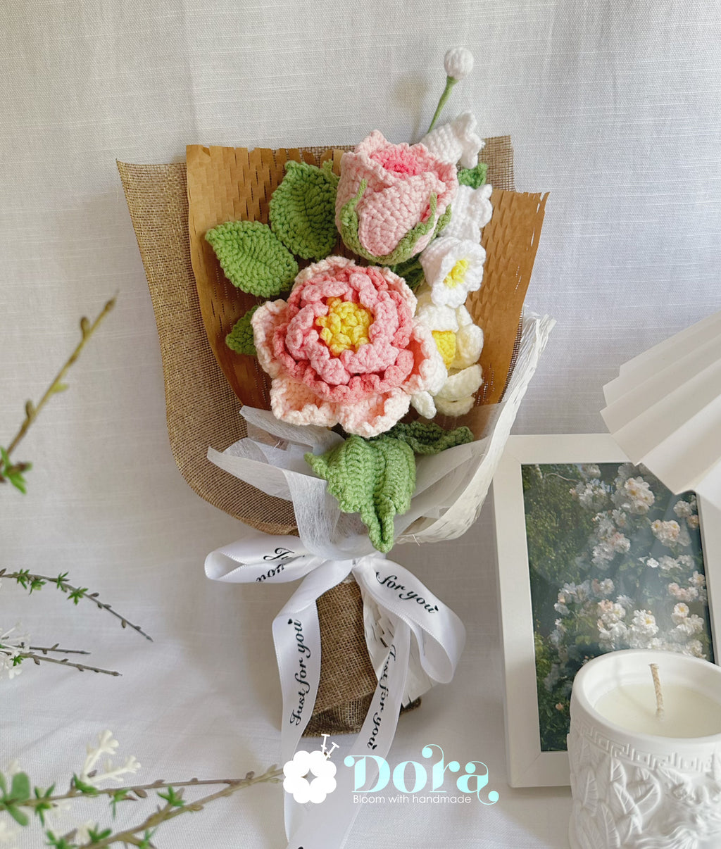 Handmade Crochet Flower Bouquet,Peony & Rose Bouquet for Anniversary, Birthday, Mother's Day Gift, Gift for her, Home decor