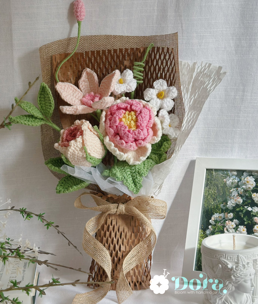 Handmade Crochet Flower Bouquet,Peony & Rose Bouquet for Anniversary, Birthday, Mother's Day Gift, Gift for her, Home decor