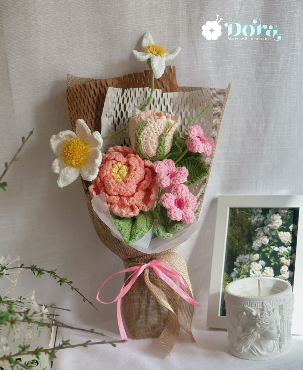 Handmade Crochet Flower Bouquet,Peony & Rose Bouquet for Anniversary, Birthday, Mother's Day Gift, Gift for her, Home decor