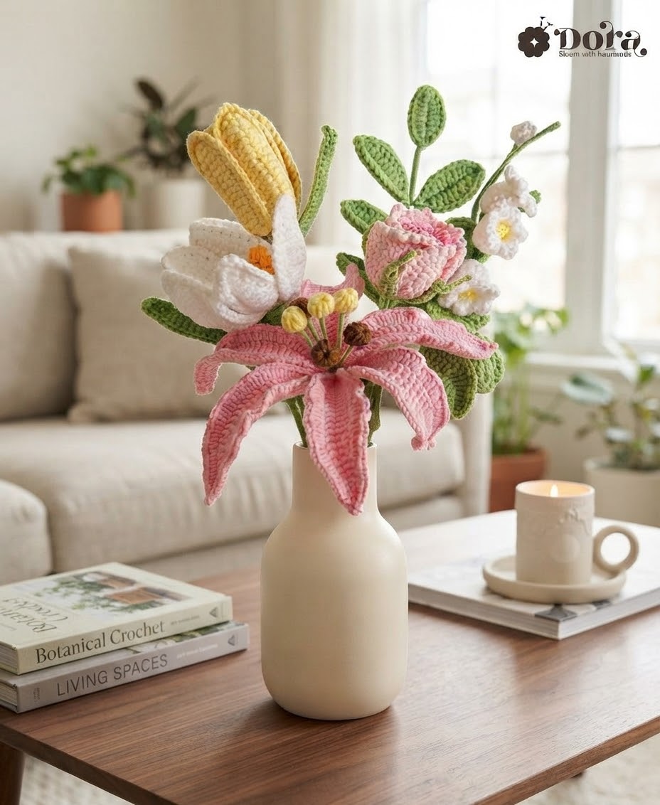 Handmade Crochet Flower Bouquet, Lily Flower Bouquet for Anniversary, Birthday, Mother's Day Gift, Gift for her, Home decor, Forever Flowers Arrangement