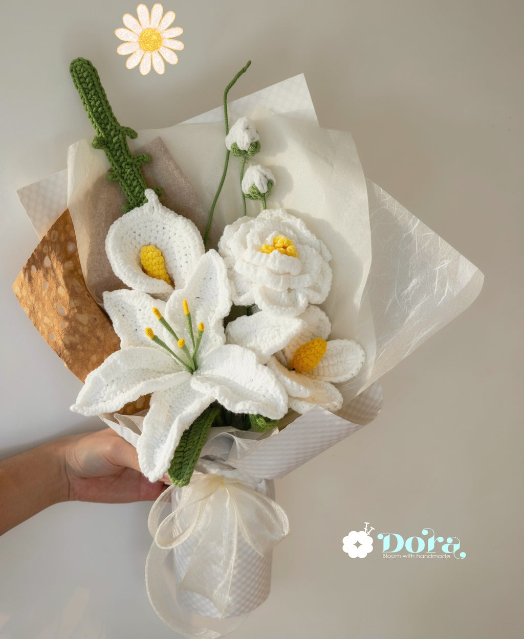 Handmade Crochet White Lily Bouquet for Anniversary, Birthday, Mother's Day Gift, Gift for her, Home decor