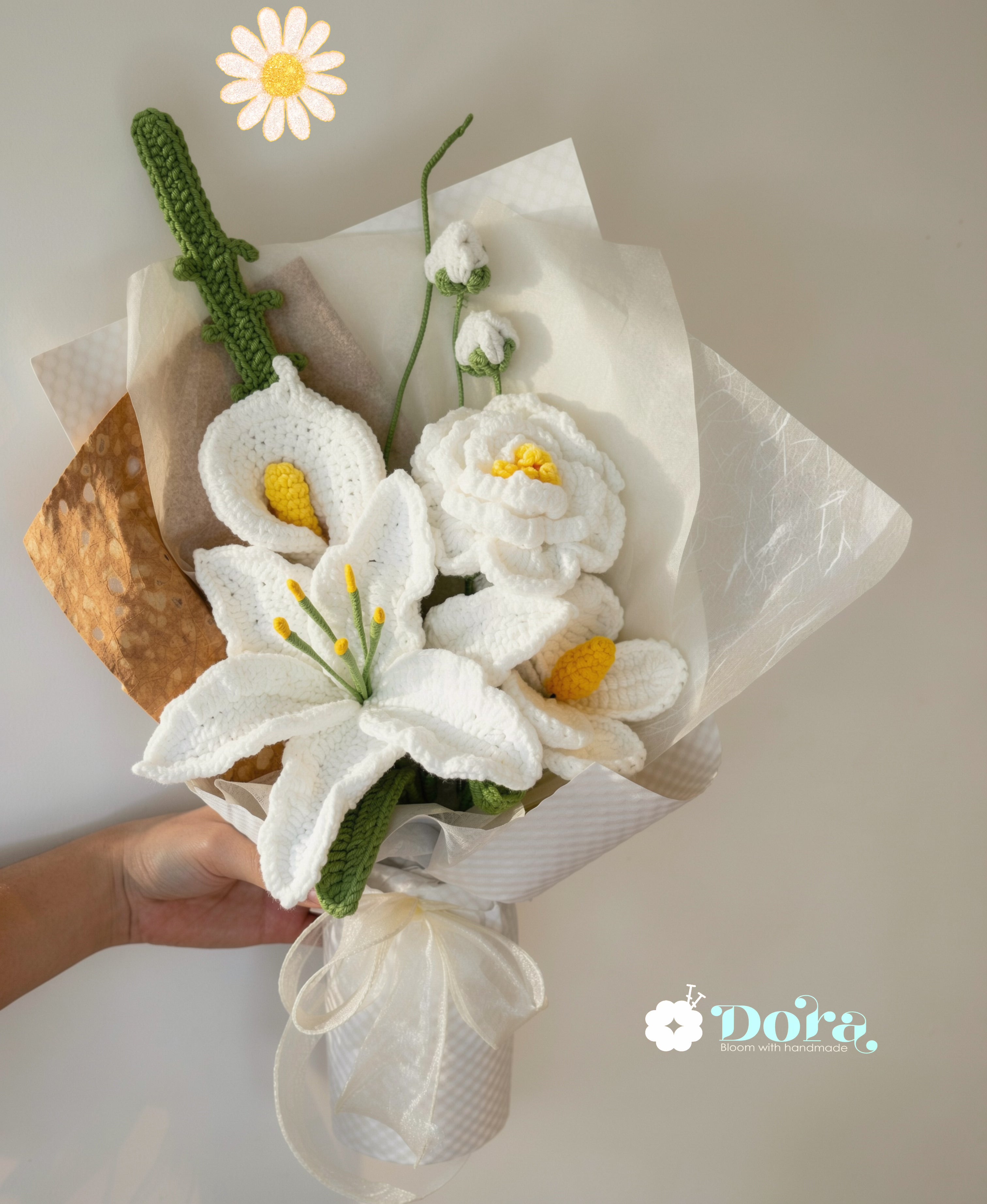 Handmade Crochet White Lily Bouquet for Anniversary, Birthday, Mother's Day Gift, Gift for her, Home decor
