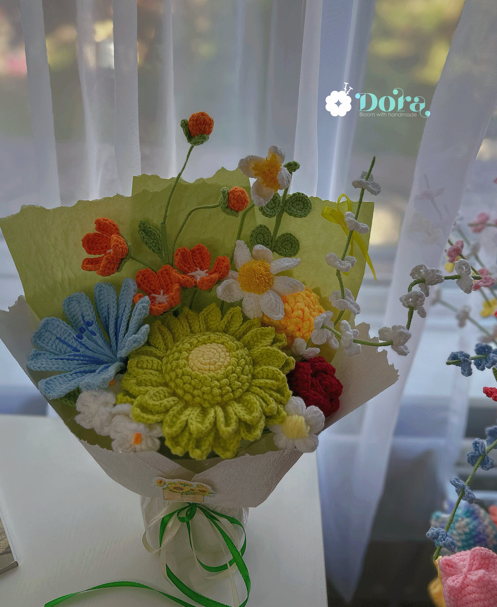 Crochet Flower Bouquet: Handmade Wildflowers, sunflower, Daisies, Green Tones , cottage garden style. Joyful gift for birthday, housewarming