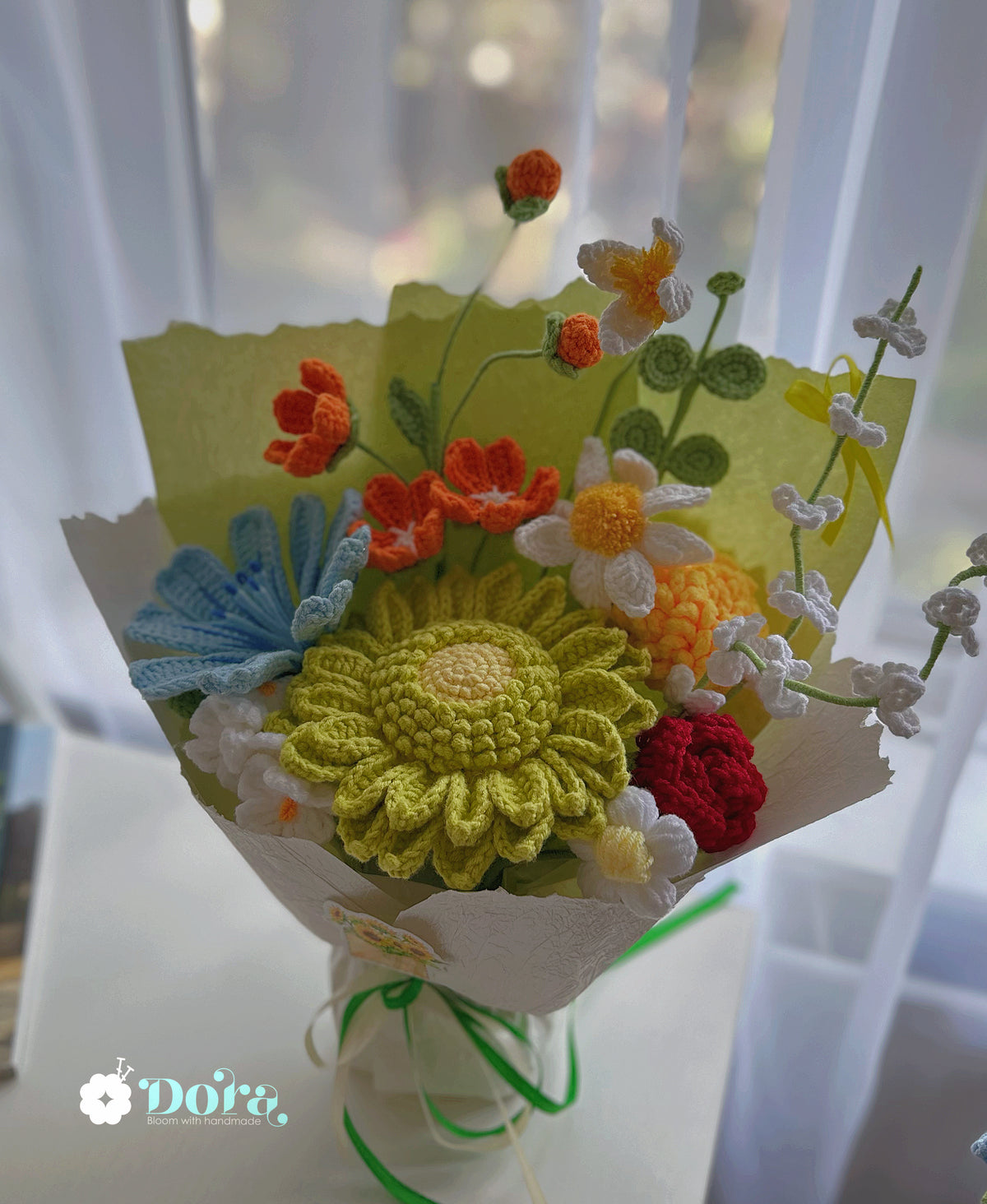 Crochet Flower Bouquet: Handmade Wildflowers, sunflower, Daisies, Green Tones , cottage garden style. Joyful gift for birthday, housewarming