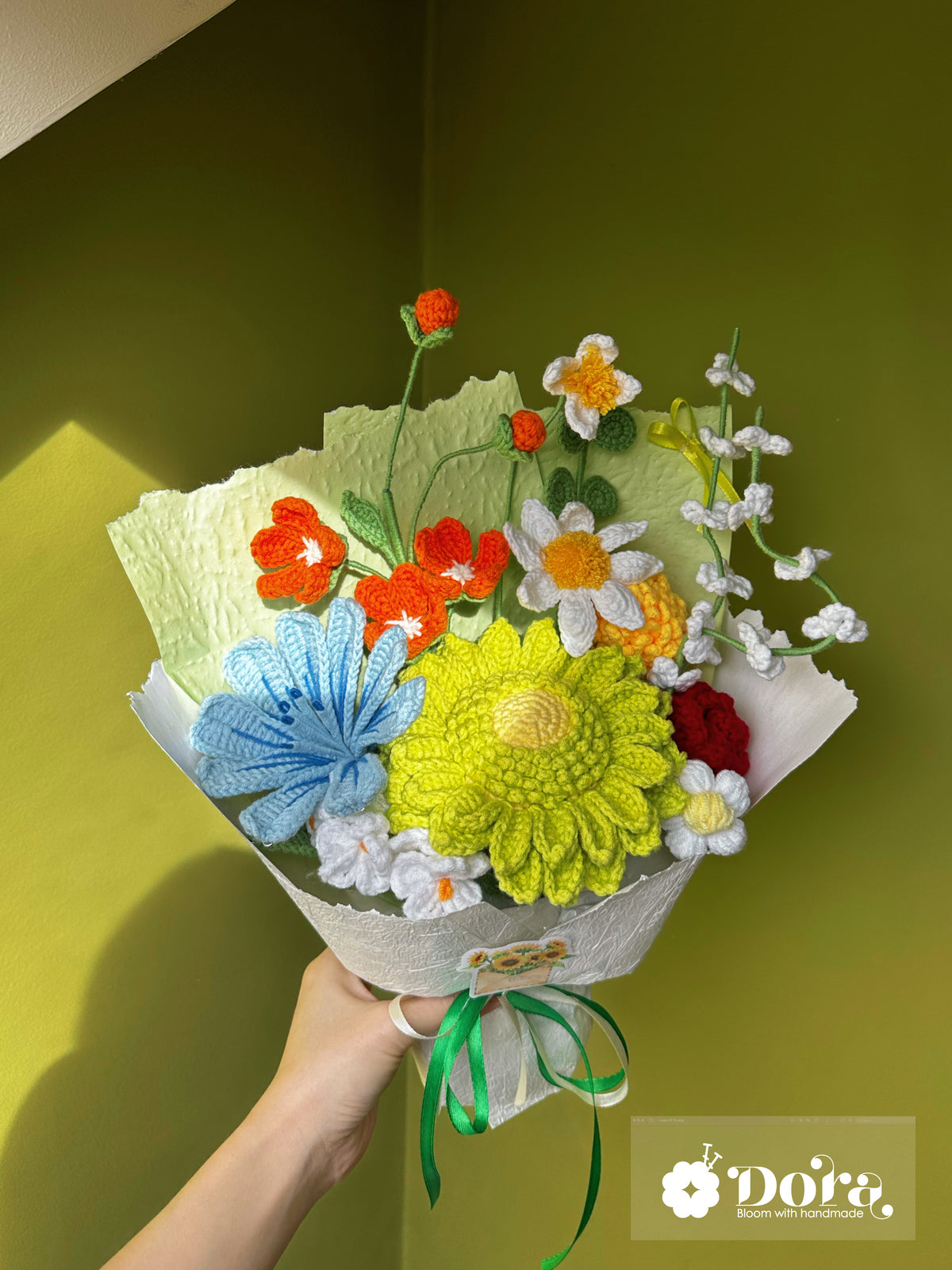 Crochet Flower Bouquet: Handmade Wildflowers, sunflower, Daisies, Green Tones , cottage garden style. Joyful gift for birthday, housewarming