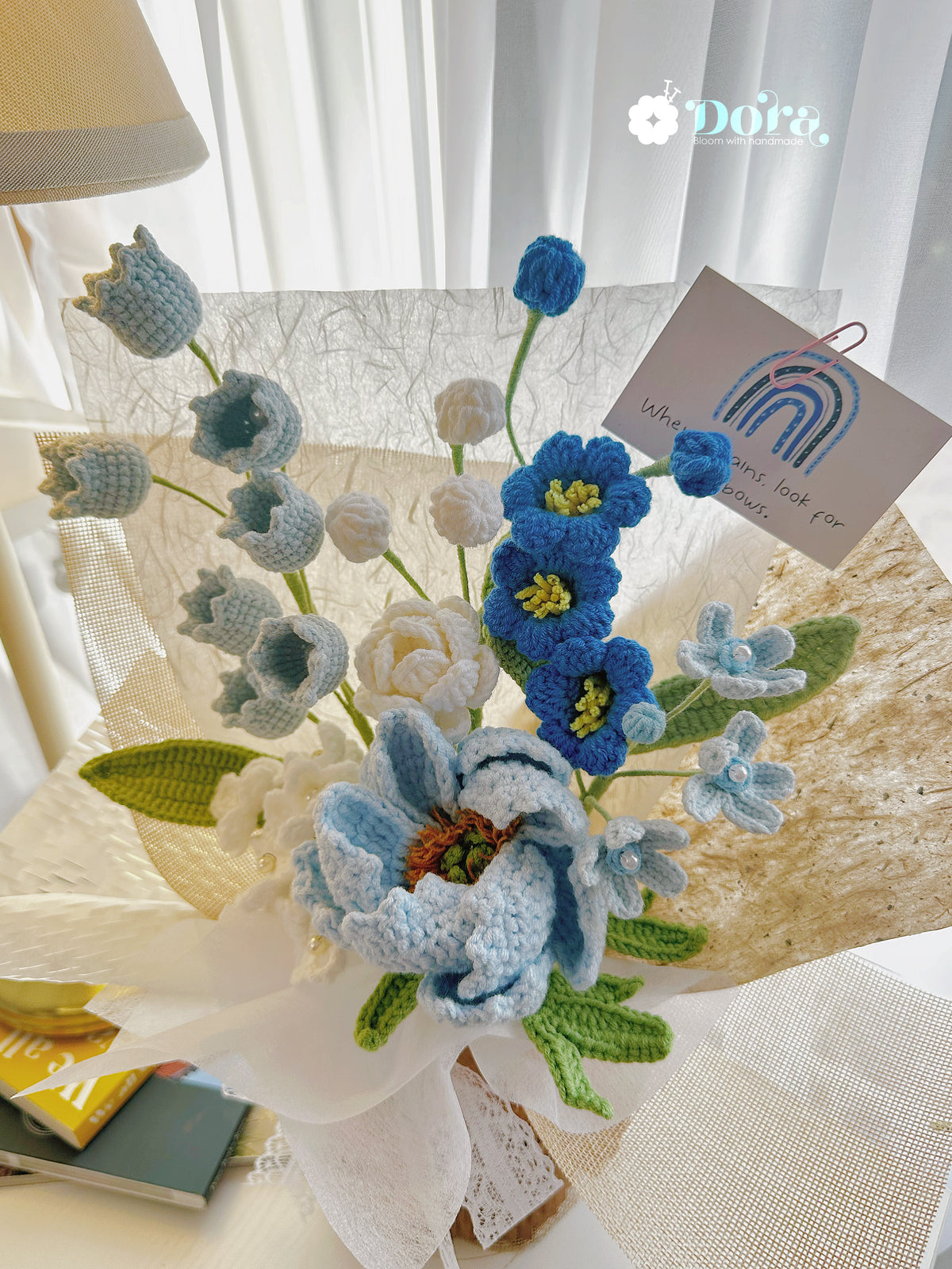 Handmade Crochet Blue Peony Bouquet, Lily of the Valley, Camellias, Home Decor, gift for her