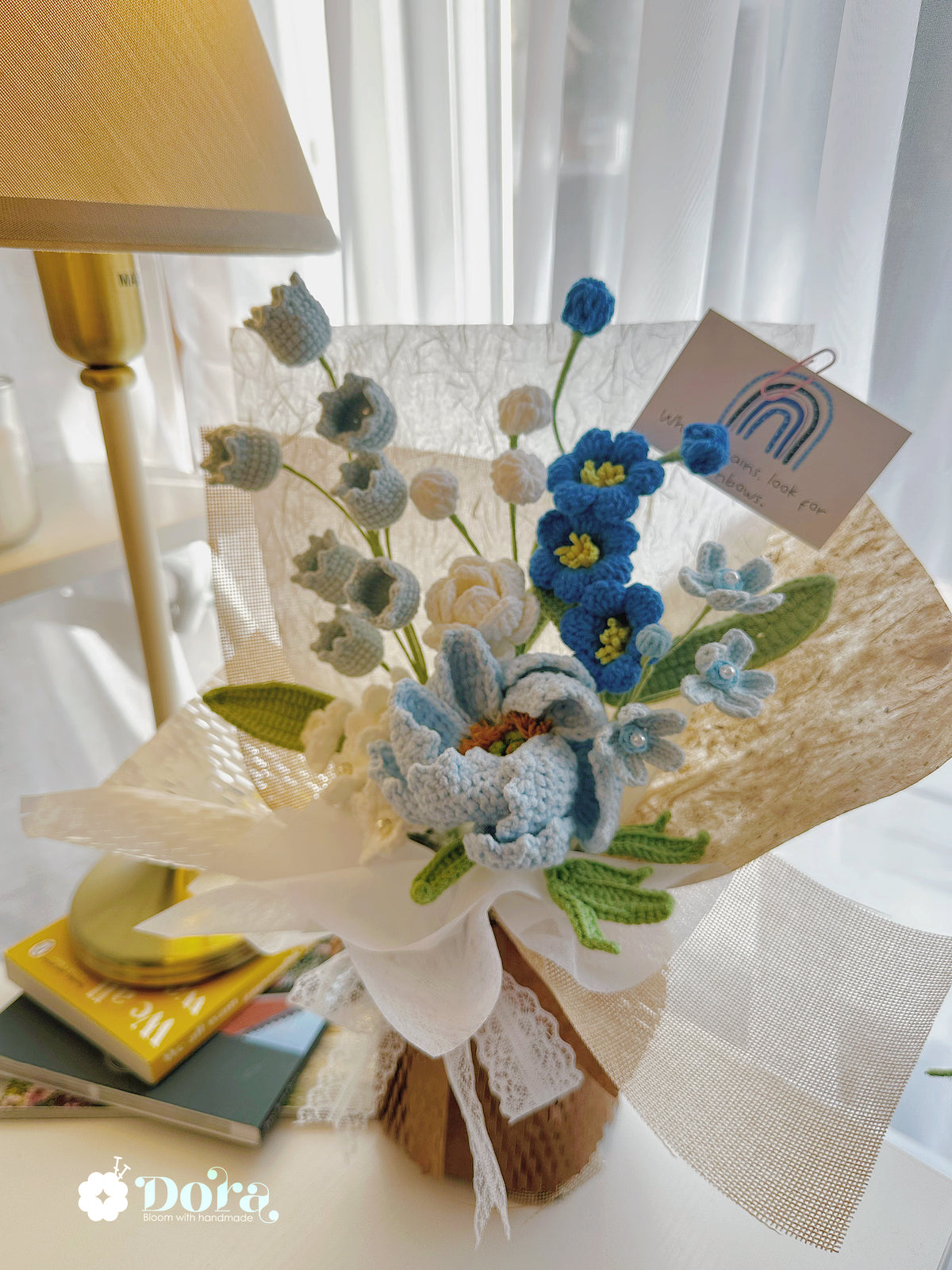 Handmade Crochet Blue Peony Bouquet, Lily of the Valley, Camellias, Home Decor, gift for her