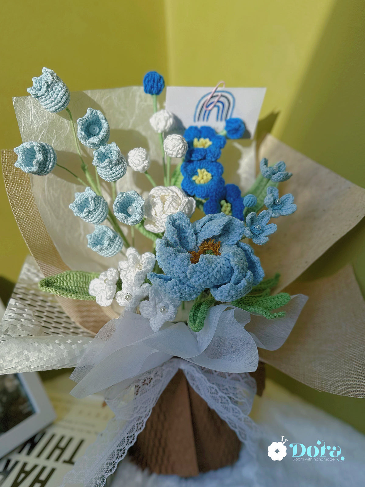 Handmade Crochet Blue Peony Bouquet, Lily of the Valley, Camellias, Home Decor, gift for her