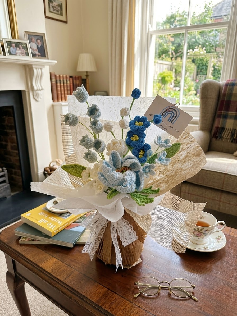 Handmade Crochet Blue Peony Bouquet, Lily of the Valley, Camellias, Home Decor, gift for her
