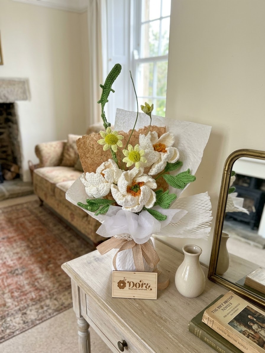 Hand Crocheted White Peonies bouquet. Floral Arrangement for Anniversary, Birthday, Mother's Day, Gift for her, Home decor
