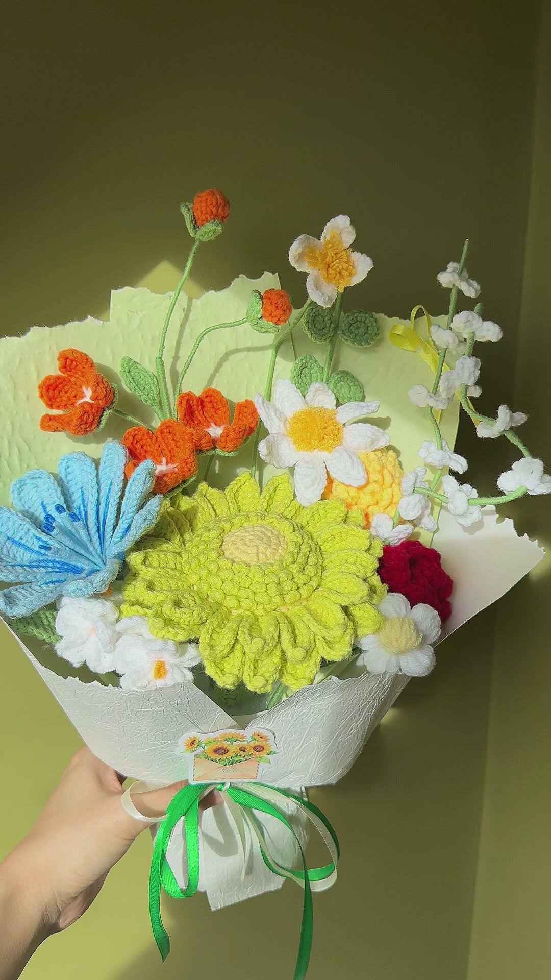 Crochet Flower Bouquet: Handmade Wildflowers, sunflower, Daisies, Green Tones , cottage garden style. Joyful gift for birthday, housewarming